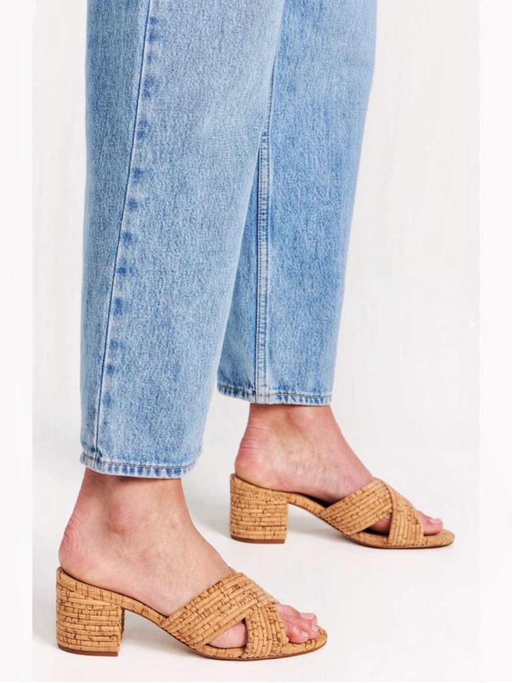 SCHUTZ Latifah Tan Woven Cork Block Heel Mules